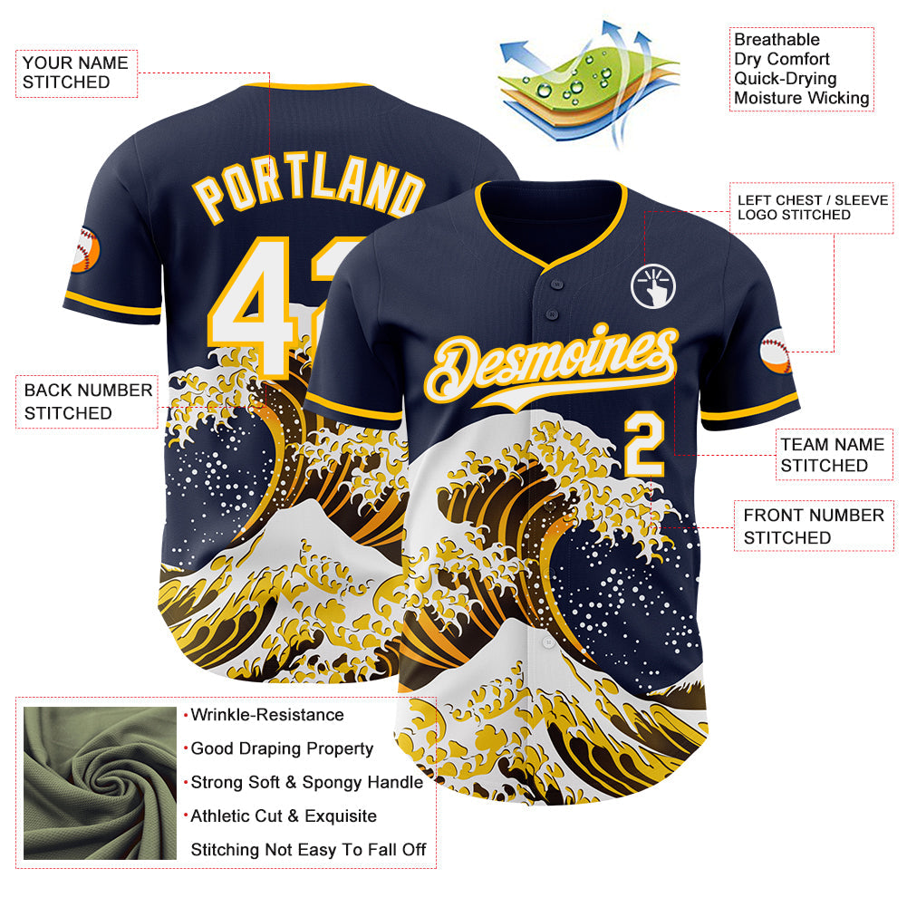 Custom Navy White-Gold Japanese Wave Authentic Baseball Jersey view 4