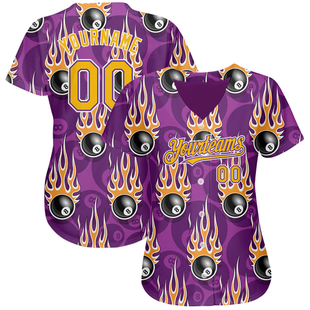 Custom Purple Gold-White 3D Pattern Design Billiards Snooker 8 Ball With Hotrod Flame Authentic Baseball Jersey view 2