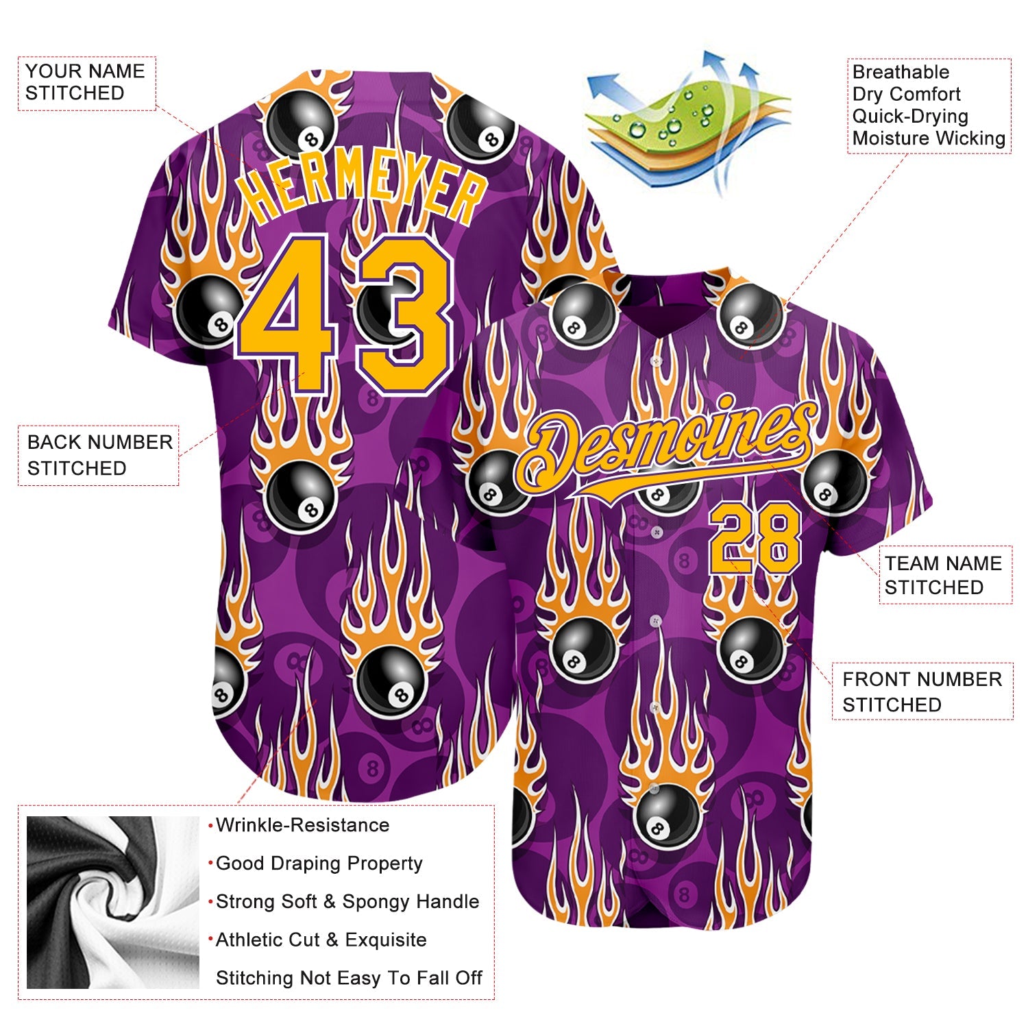 Custom Purple Gold-White 3D Pattern Design Billiards Snooker 8 Ball With Hotrod Flame Authentic Baseball Jersey view 3