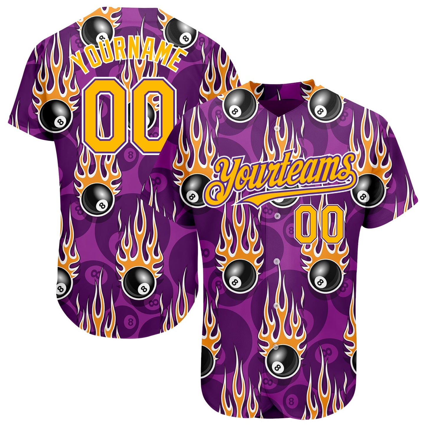 Custom Purple Gold-White 3D Pattern Design Billiards Snooker 8 Ball With Hotrod Flame Authentic Baseball Jersey - Main View