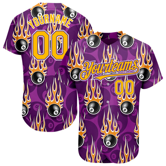 Custom Purple Gold-White 3D Pattern Design Billiards Snooker 8 Ball With Hotrod Flame Authentic Baseball Jersey - Main View