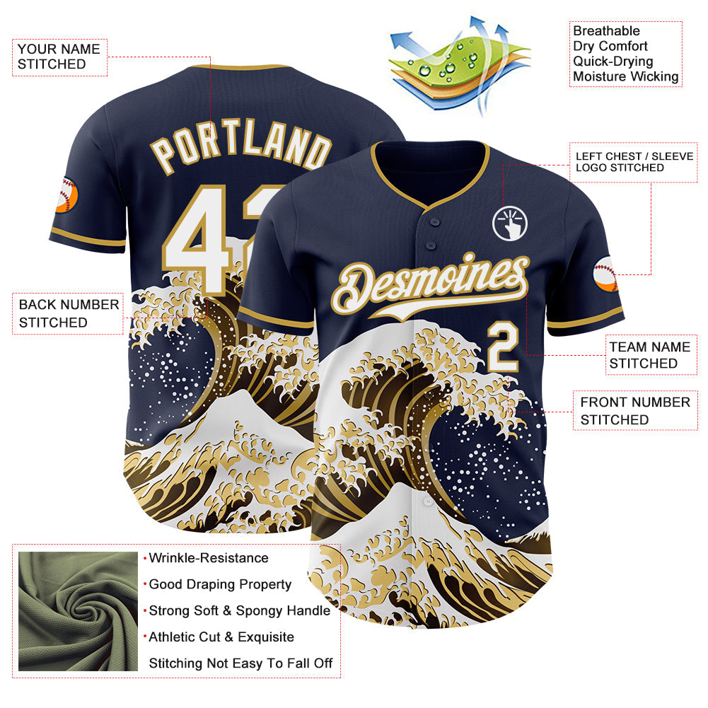 Custom Navy White-Old Gold Japanese Wave Authentic Baseball Jersey view 4