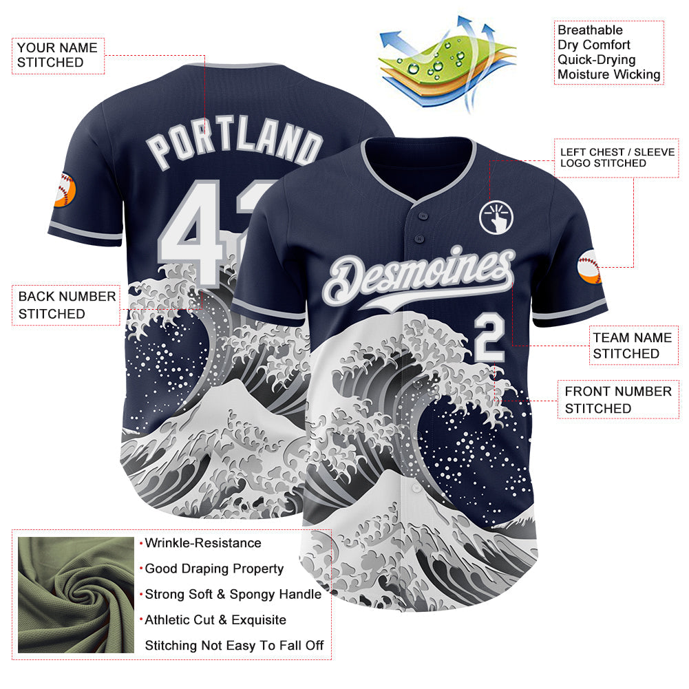 Custom Navy White-Gray Japanese Wave Authentic Baseball Jersey view 4