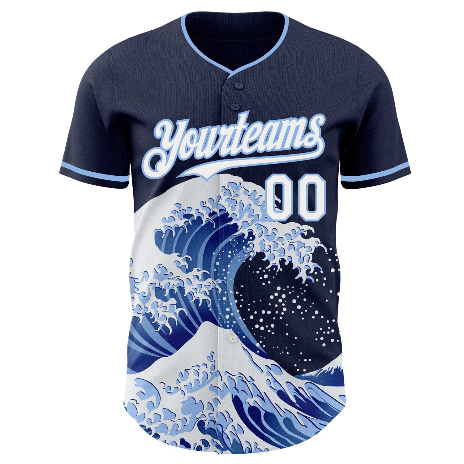 Custom Navy White-Light Blue Japanese Wave Authentic Baseball Jersey view 3