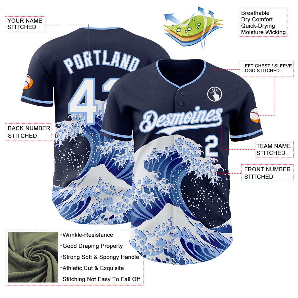 Custom Navy White-Light Blue Japanese Wave Authentic Baseball Jersey view 4