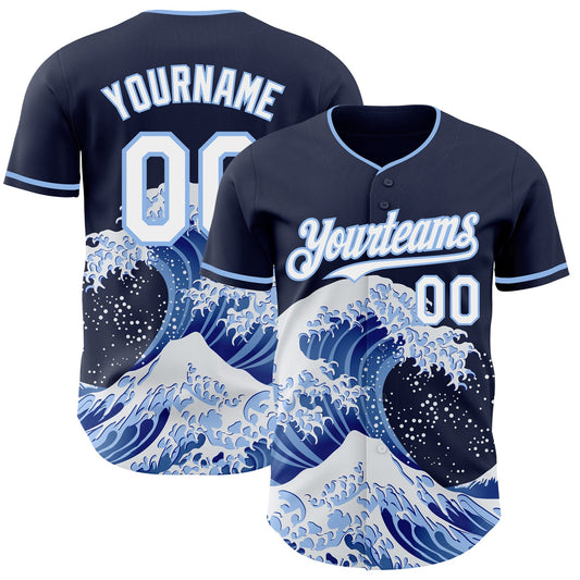 Custom Navy White-Light Blue Japanese Wave Authentic Baseball Jersey - Main View