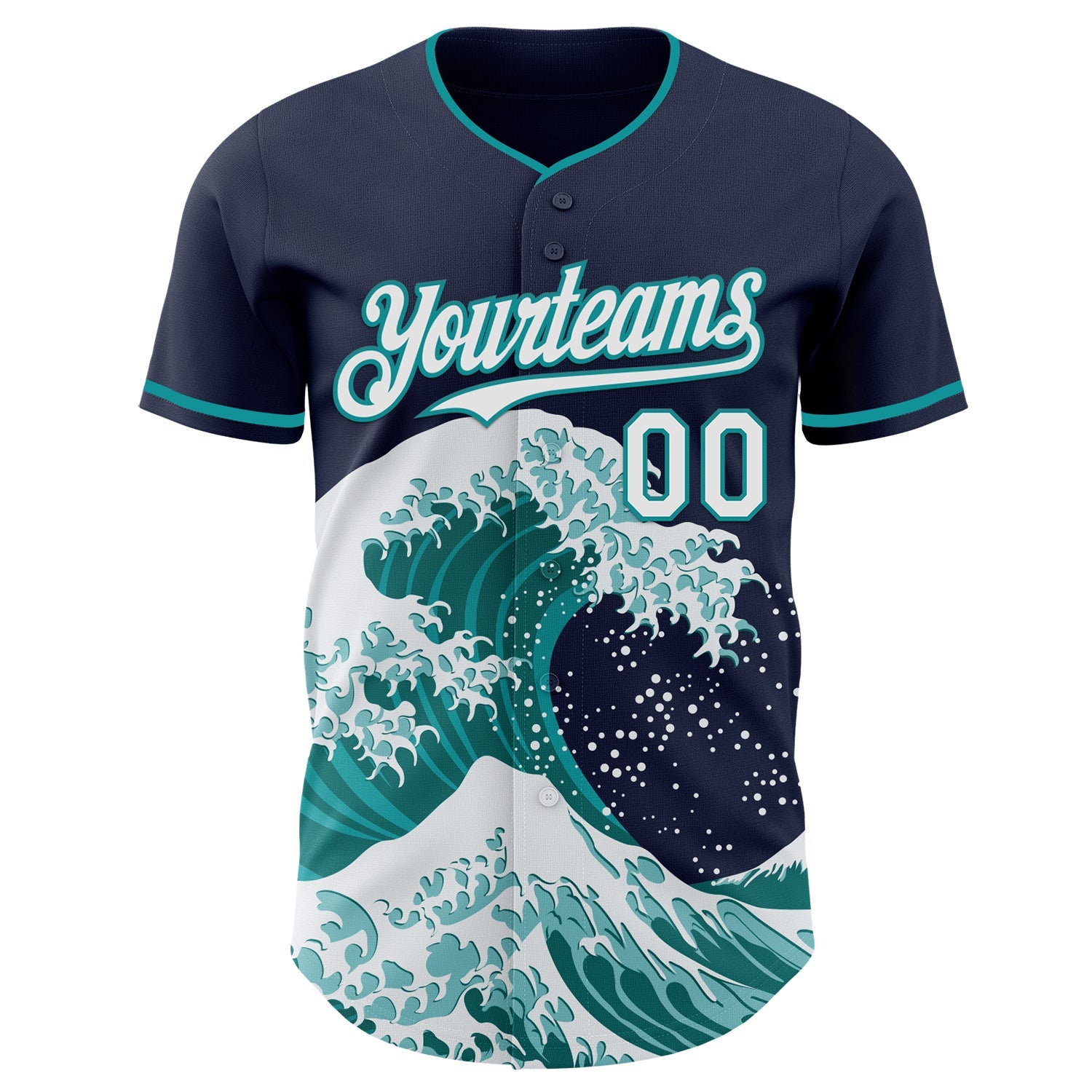 Custom Navy White-Teal Japanese Wave Authentic Baseball Jersey view 3