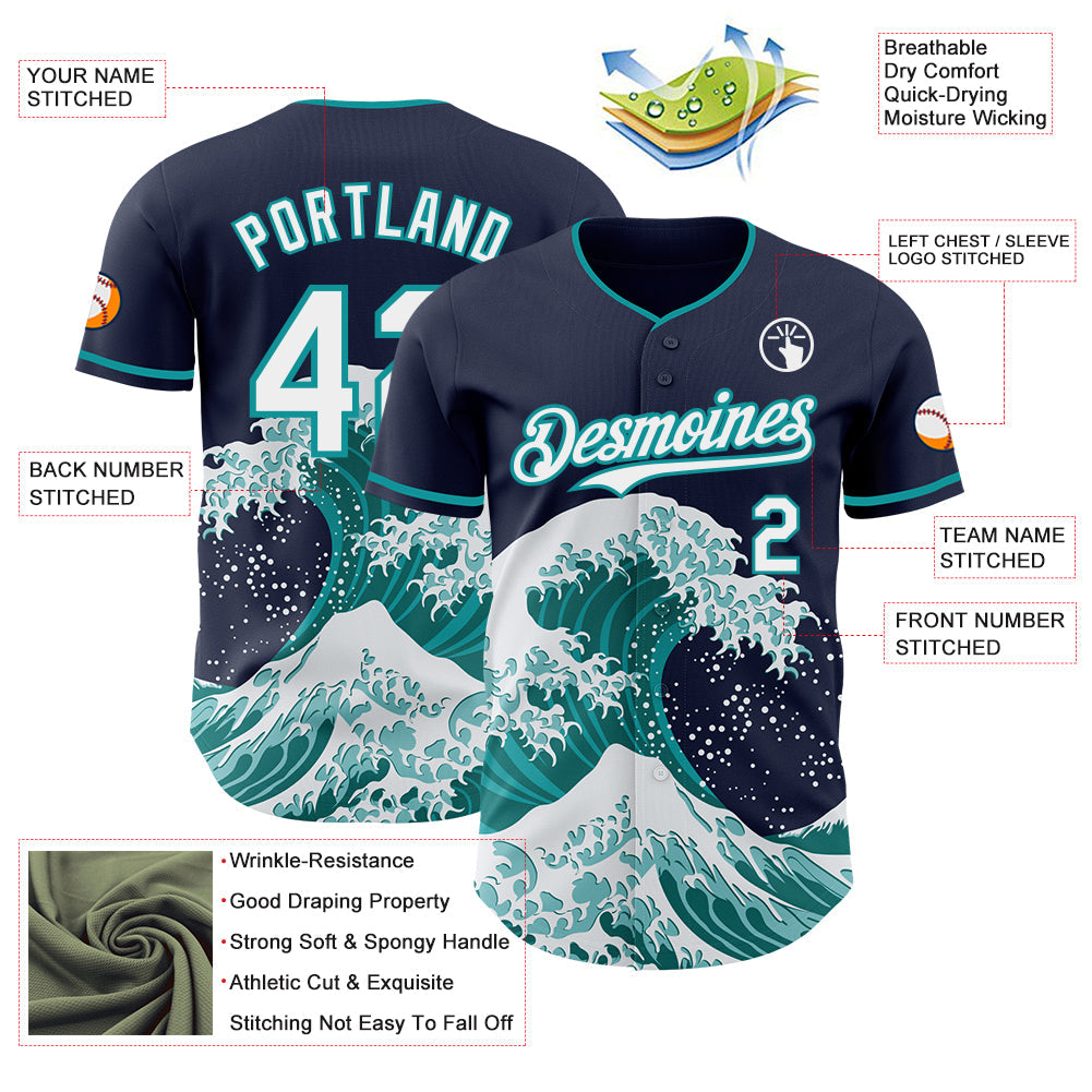 Custom Navy White-Teal Japanese Wave Authentic Baseball Jersey view 4