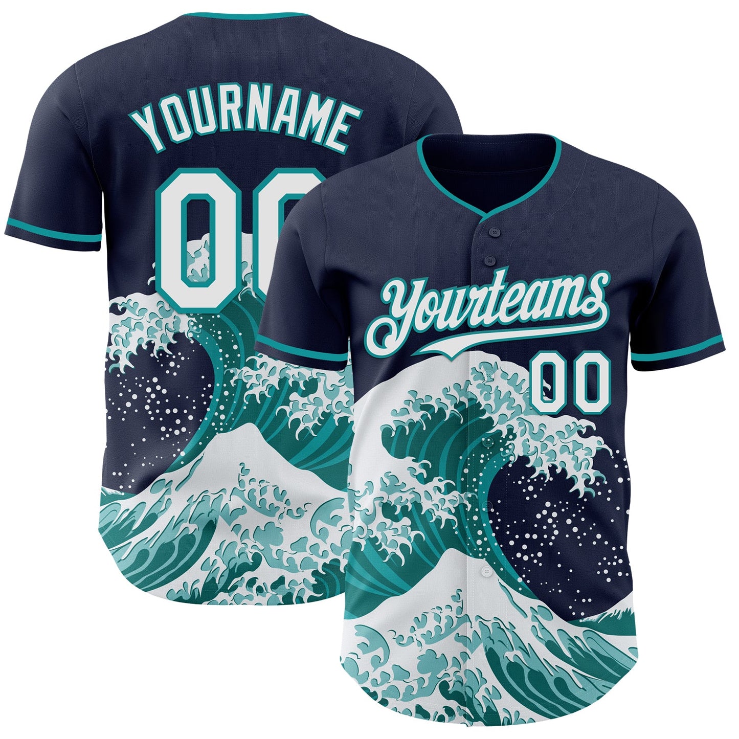 Custom Navy White-Teal Japanese Wave Authentic Baseball Jersey - Main View
