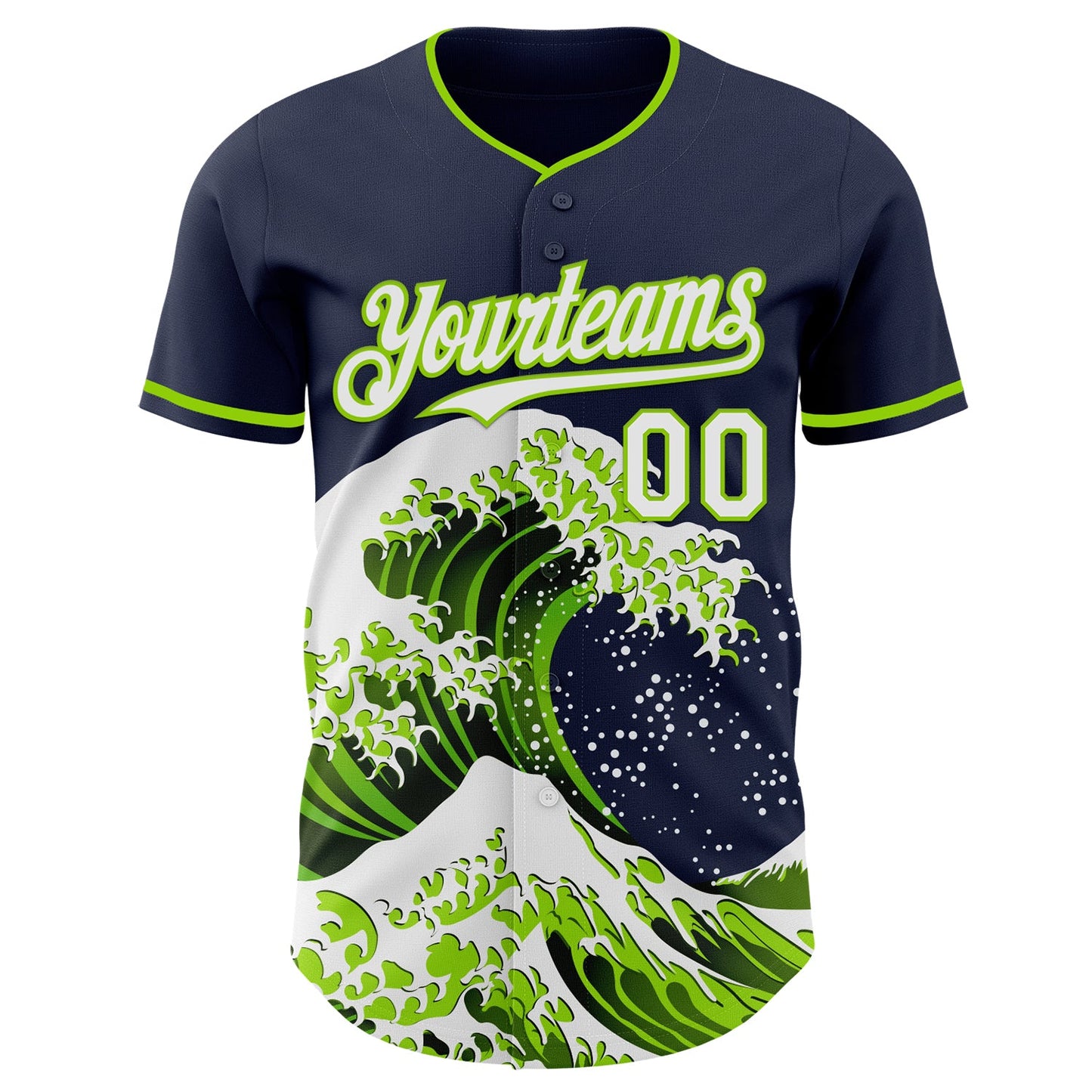 Custom Navy White-Neon Green Japanese Wave Authentic Baseball Jersey view 3