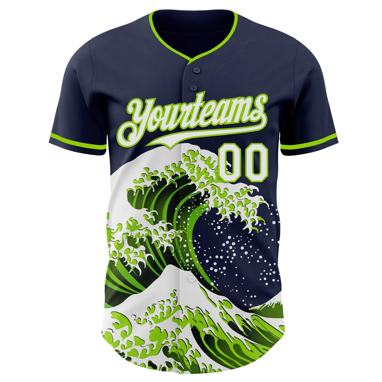 Custom Navy White-Neon Green Japanese Wave Authentic Baseball Jersey view 3