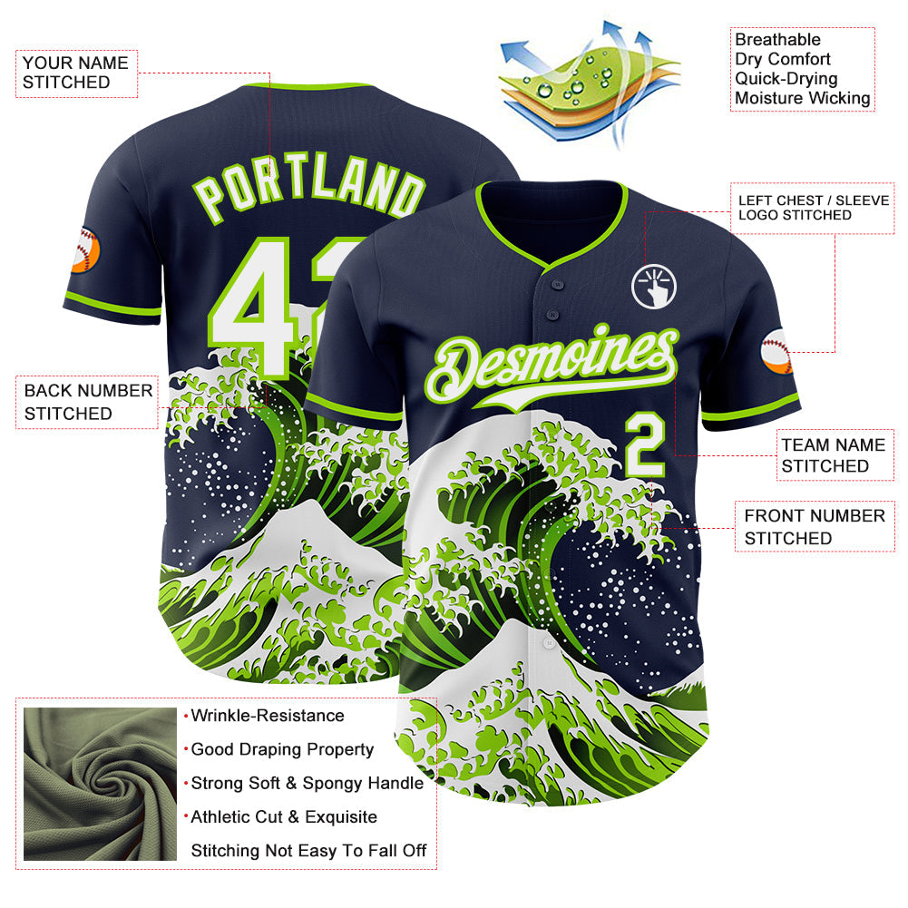 Custom Navy White-Neon Green Japanese Wave Authentic Baseball Jersey view 4