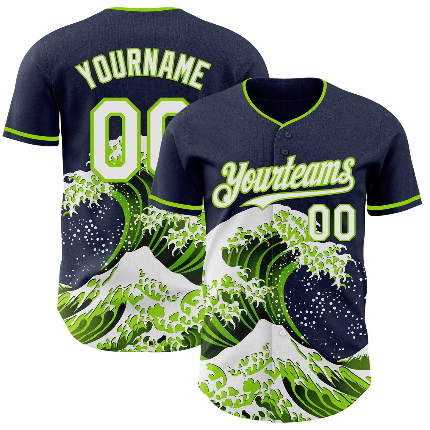 Custom Navy White-Neon Green Japanese Wave Authentic Baseball Jersey - Main View