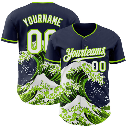 Custom Navy White-Neon Green Japanese Wave Authentic Baseball Jersey - Main View