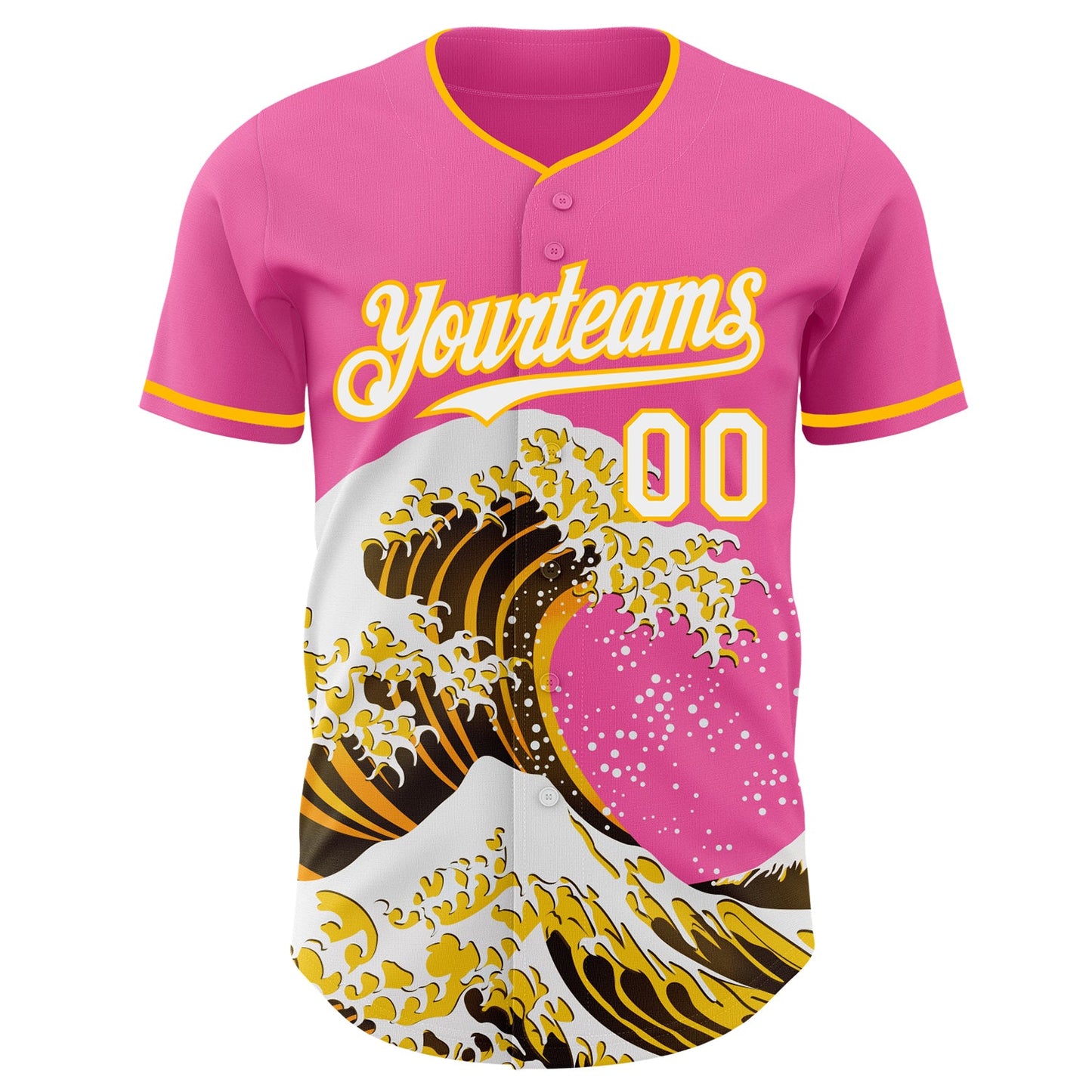 Custom Pink White-Gold Japanese Wave Authentic Baseball Jersey view 3