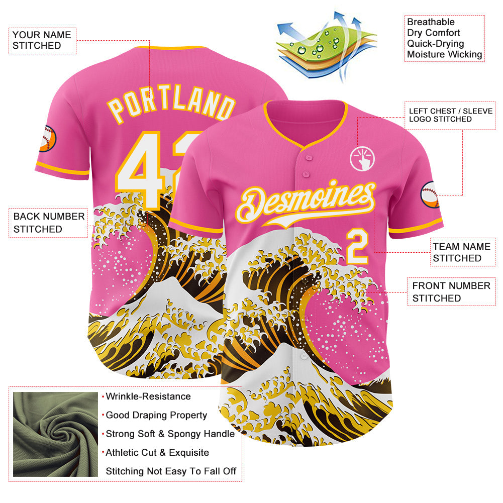 Custom Pink White-Gold Japanese Wave Authentic Baseball Jersey view 4