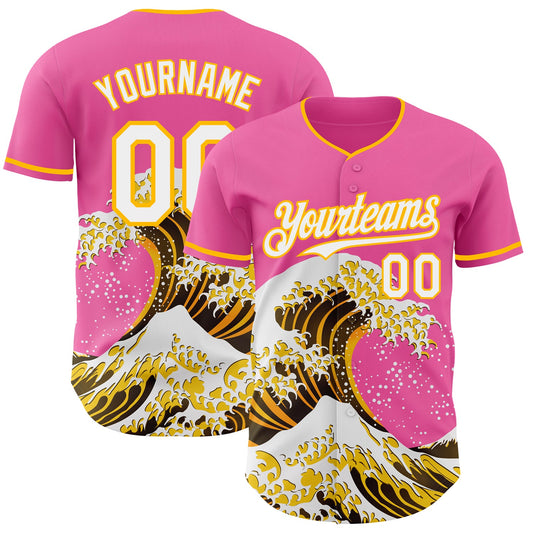 Custom Pink White-Gold Japanese Wave Authentic Baseball Jersey - Main View