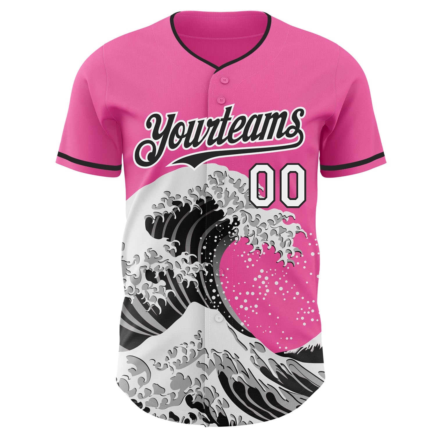 Custom Pink Black-White Japanese Wave Authentic Baseball Jersey view 3