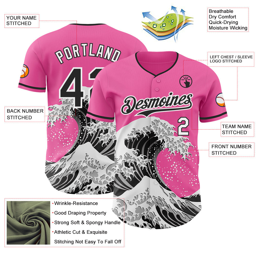 Custom Pink Black-White Japanese Wave Authentic Baseball Jersey view 4
