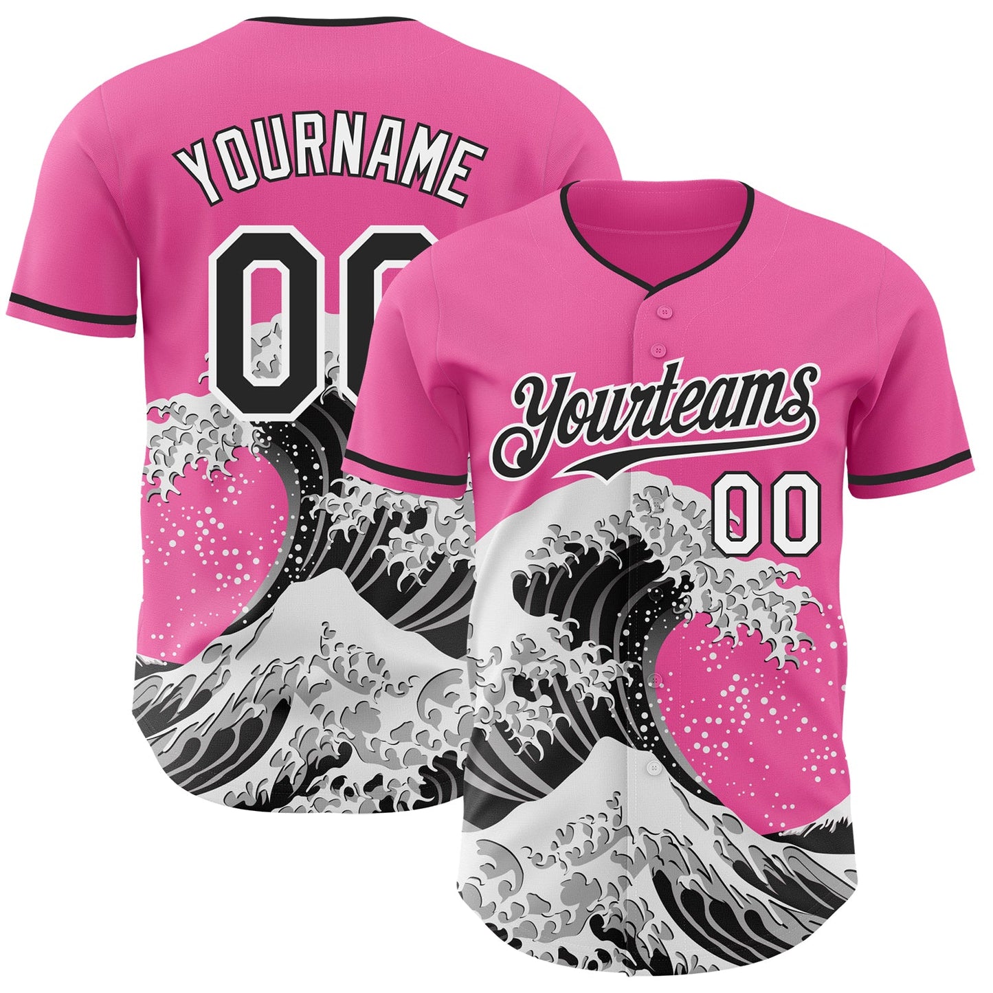 Custom Pink Black-White Japanese Wave Authentic Baseball Jersey - Main View