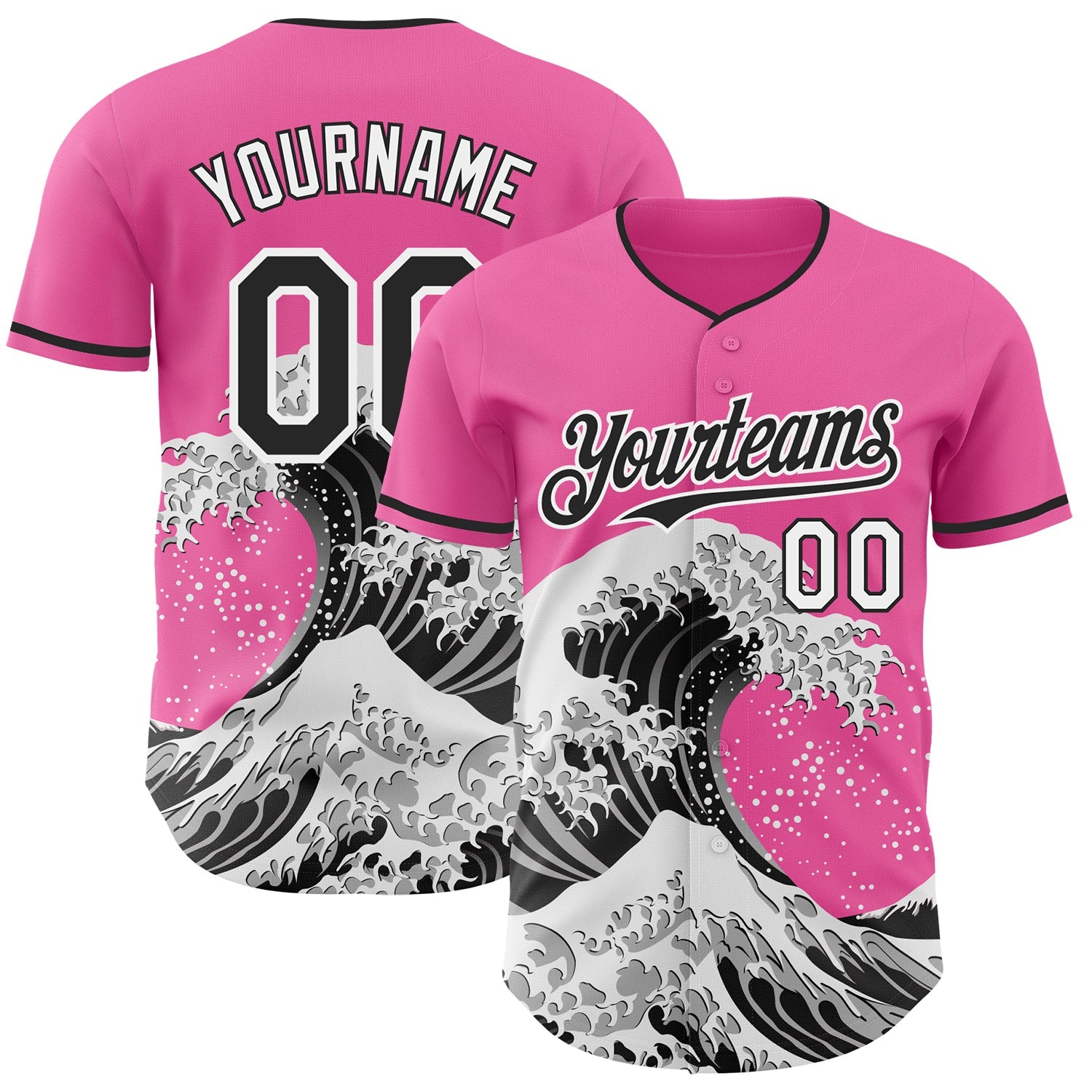 Custom Pink Black-White Japanese Wave Authentic Baseball Jersey - Main View