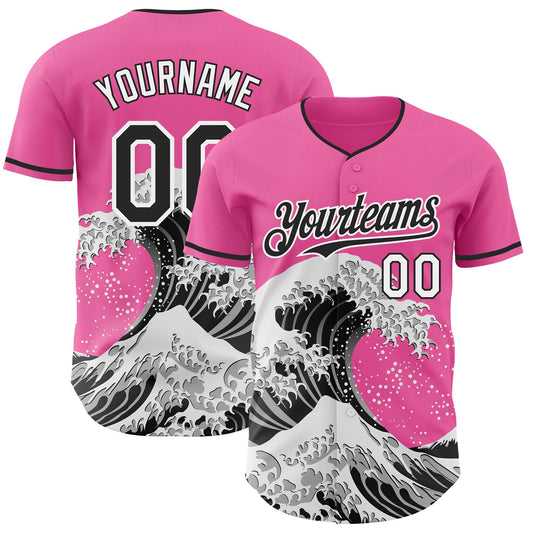Custom Pink Black-White Japanese Wave Authentic Baseball Jersey - Main View