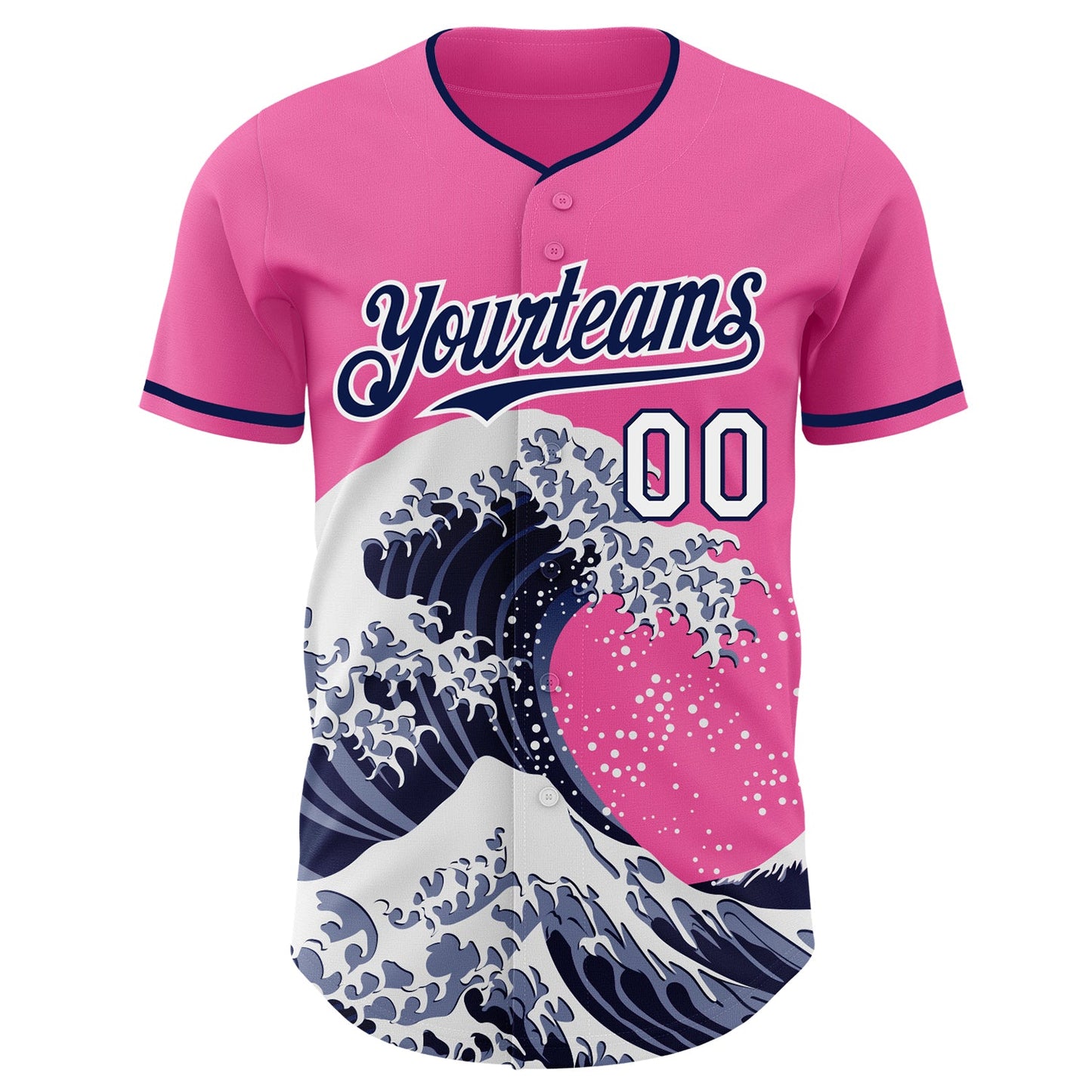 Custom Pink Navy-White Japanese Wave Authentic Baseball Jersey view 3