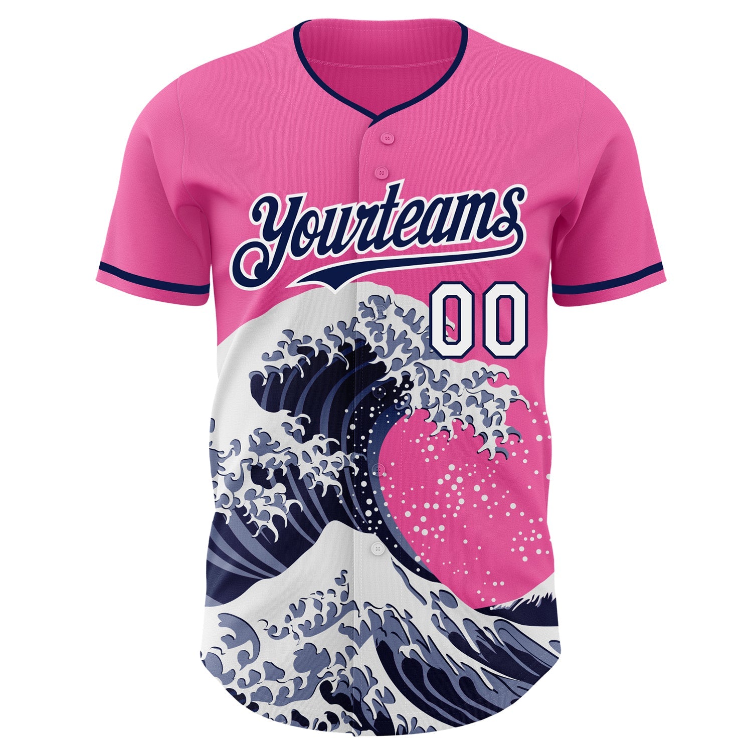 Custom Pink Navy-White Japanese Wave Authentic Baseball Jersey view 3