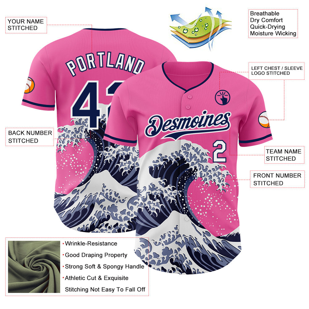Custom Pink Navy-White Japanese Wave Authentic Baseball Jersey view 4
