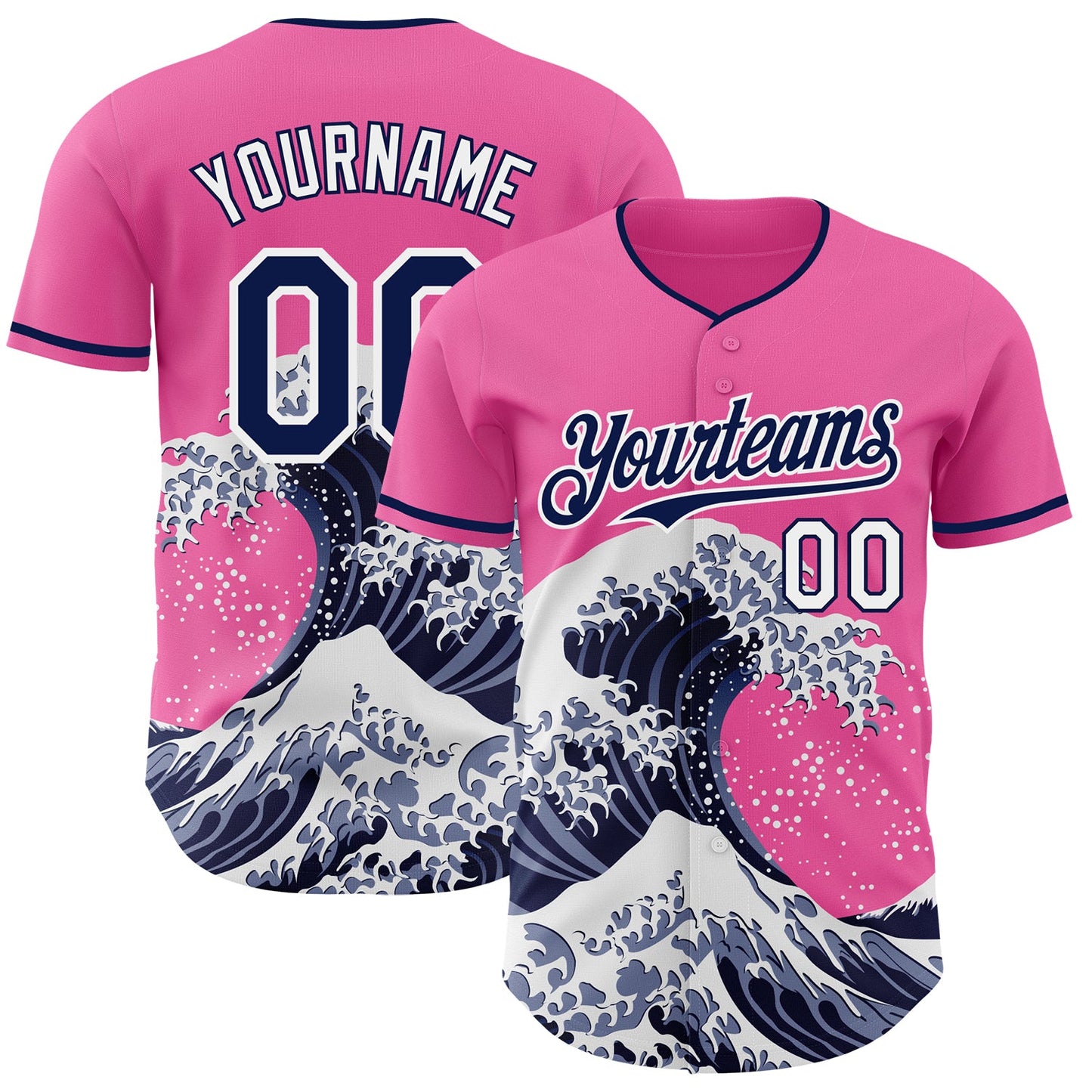 Custom Pink Navy-White Japanese Wave Authentic Baseball Jersey - Main View