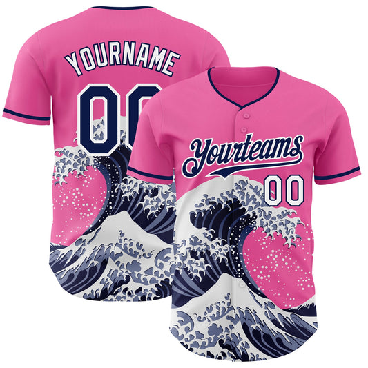 Custom Pink Navy-White Japanese Wave Authentic Baseball Jersey - Main View