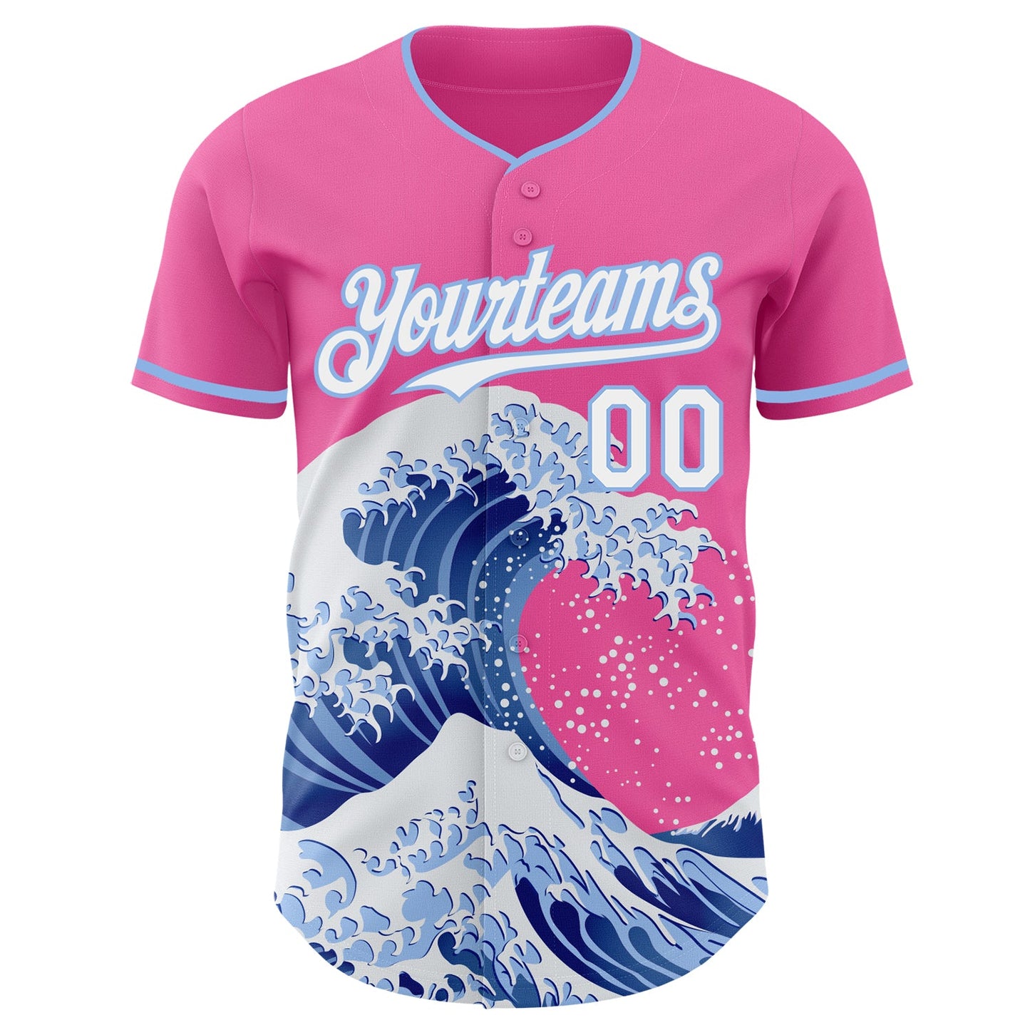 Custom Pink White-Light Blue Japanese Wave Authentic Baseball Jersey view 3