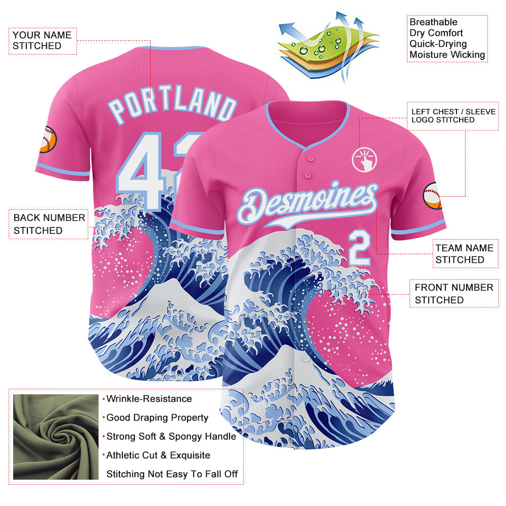 Custom Pink White-Light Blue Japanese Wave Authentic Baseball Jersey view 4
