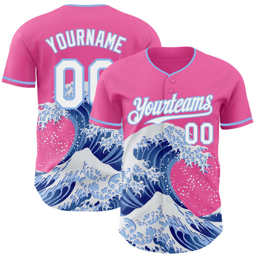 Custom Pink White-Light Blue Japanese Wave Authentic Baseball Jersey - Main View