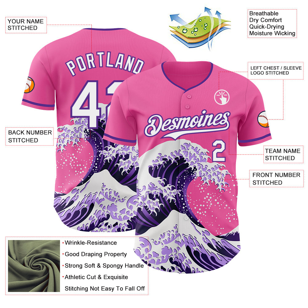 Custom Pink Purple-White Japanese Wave Authentic Baseball Jersey view 4