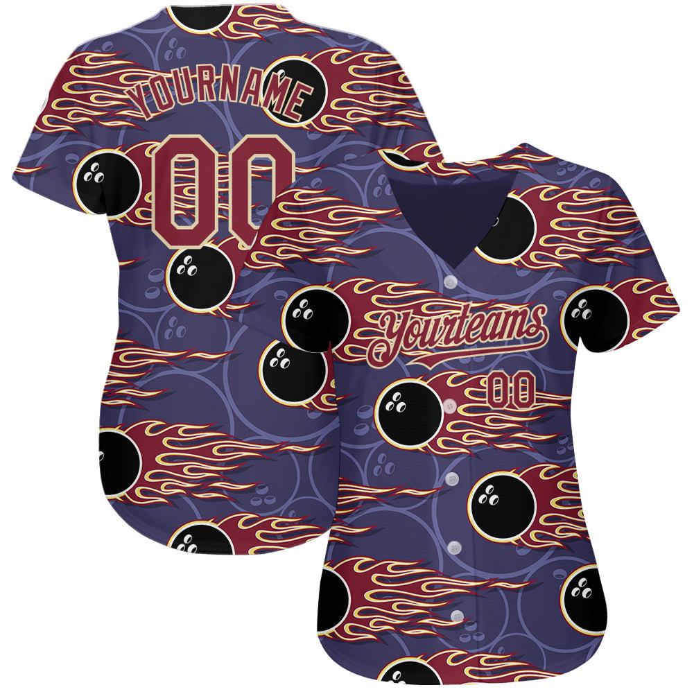 Custom Purple Crimson-City Cream 3D Pattern Design Bowling Ball With Hotrod Flame Authentic Baseball Jersey view 2