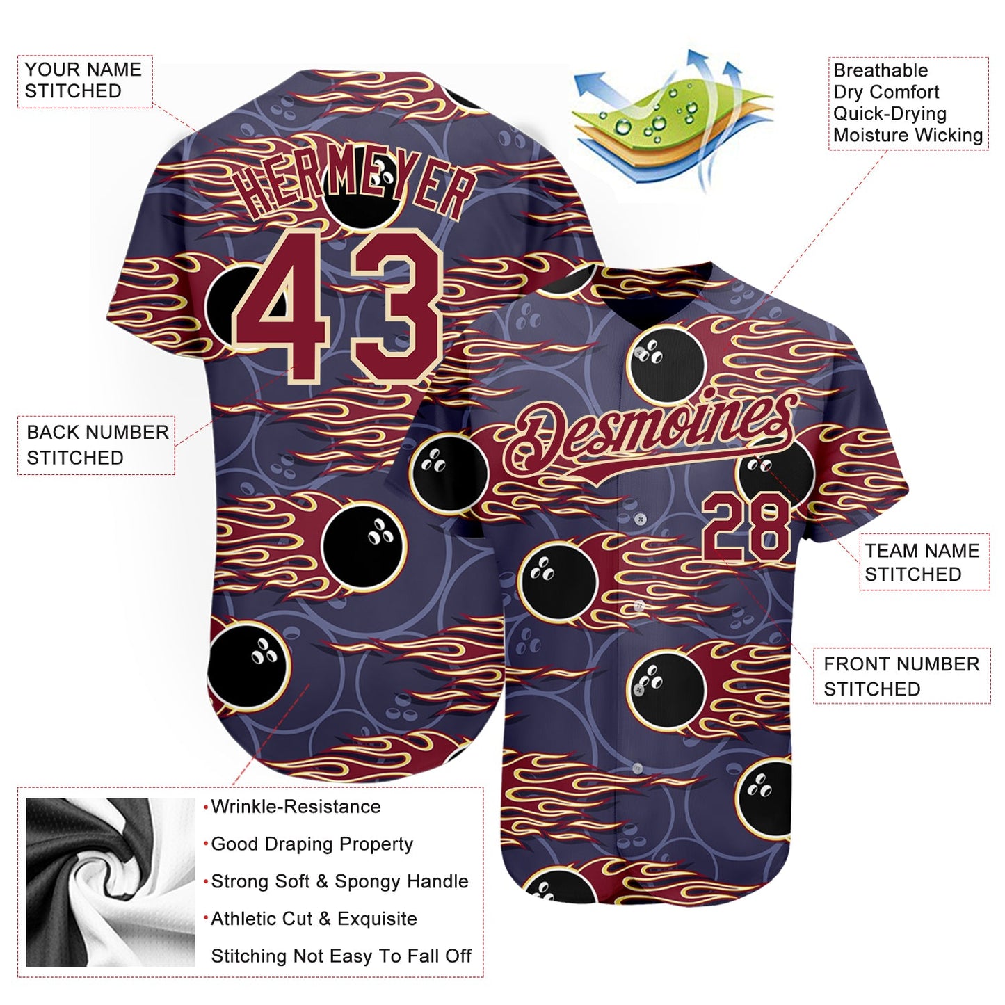 Custom Purple Crimson-City Cream 3D Pattern Design Bowling Ball With Hotrod Flame Authentic Baseball Jersey view 3