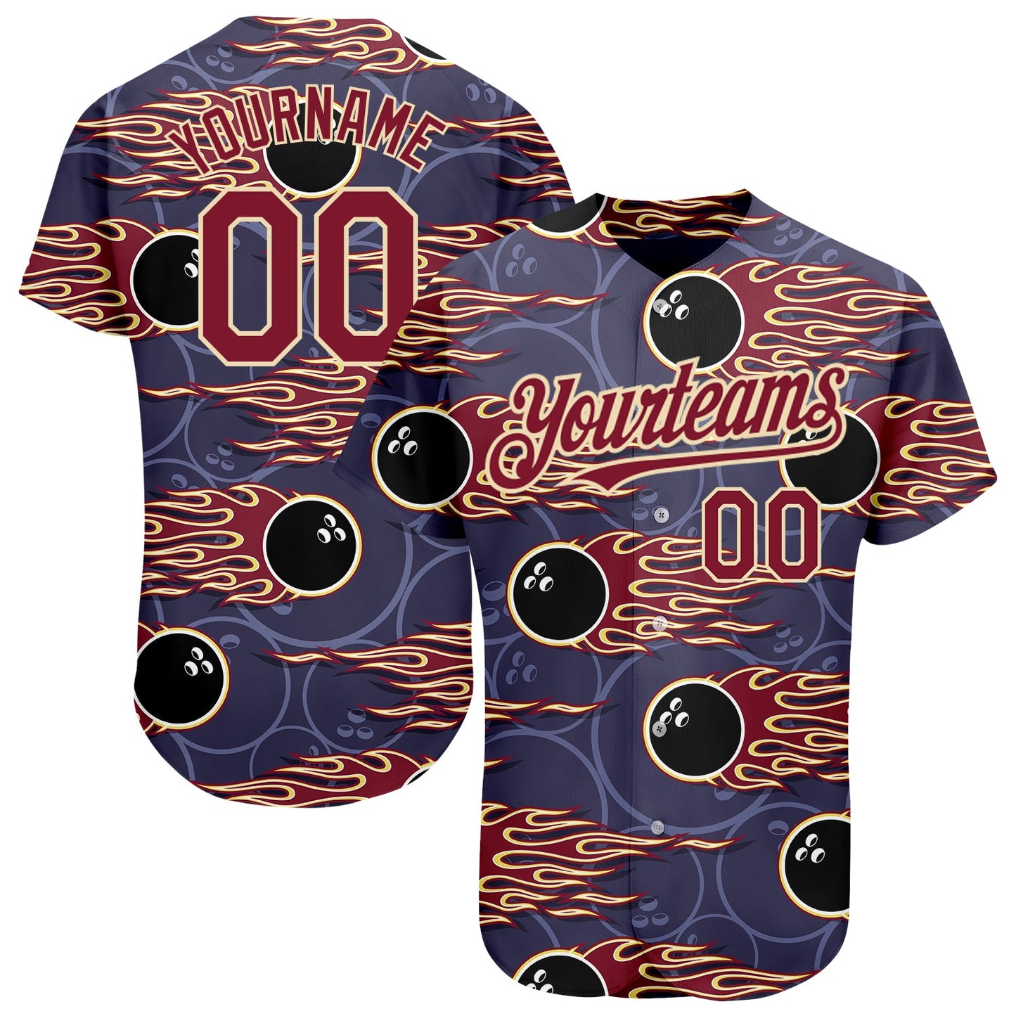 Custom Purple Crimson-City Cream 3D Pattern Design Bowling Ball With Hotrod Flame Authentic Baseball Jersey - Main View