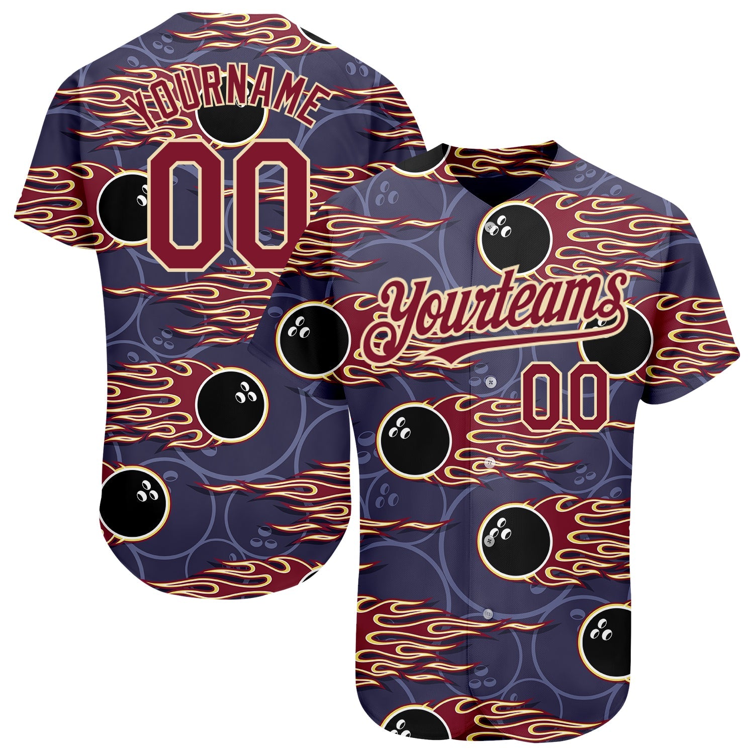 Custom Purple Crimson-City Cream 3D Pattern Design Bowling Ball With Hotrod Flame Authentic Baseball Jersey - Main View