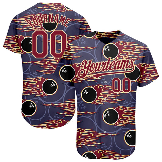 Custom Purple Crimson-City Cream 3D Pattern Design Bowling Ball With Hotrod Flame Authentic Baseball Jersey - Main View