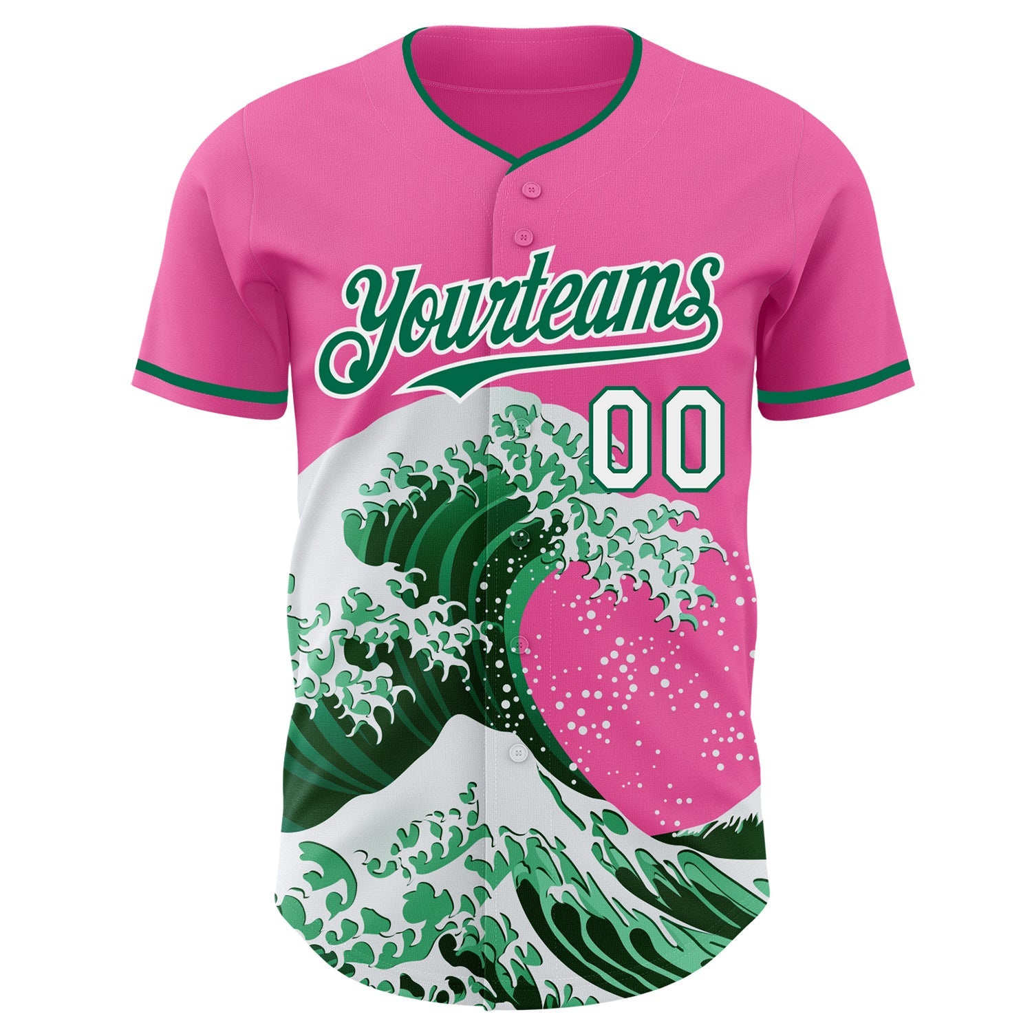 Custom Pink Kelly Green-White Japanese Wave Authentic Baseball Jersey view 3
