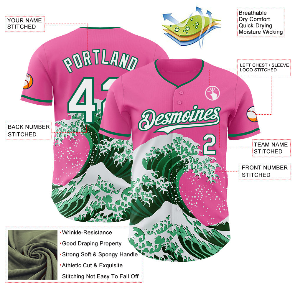 Custom Pink Kelly Green-White Japanese Wave Authentic Baseball Jersey view 4