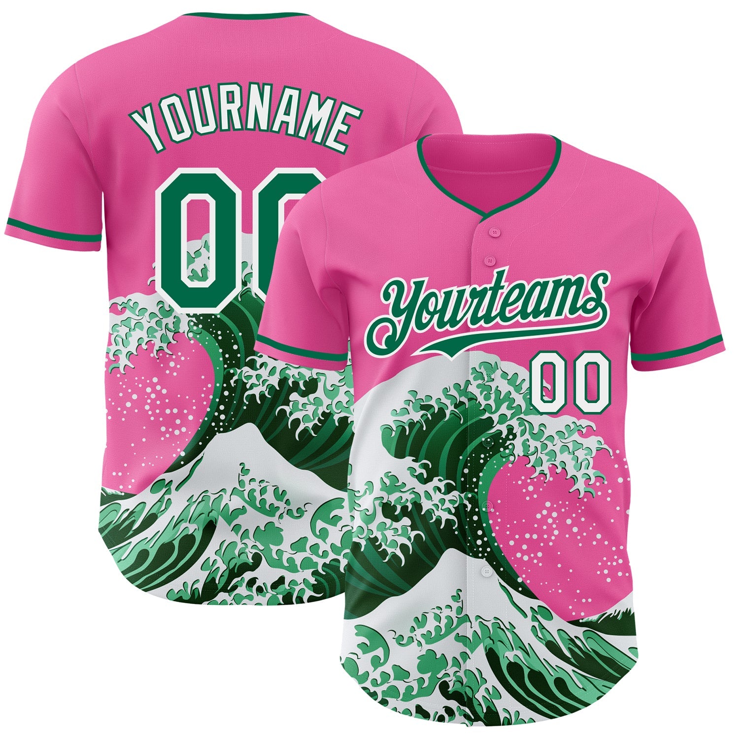 Custom Pink Kelly Green-White Japanese Wave Authentic Baseball Jersey - Main View
