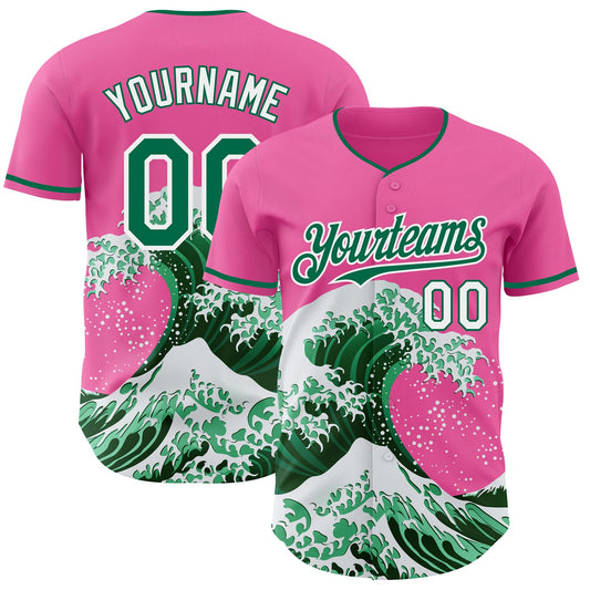 Custom Pink Kelly Green-White Japanese Wave Authentic Baseball Jersey - Main View