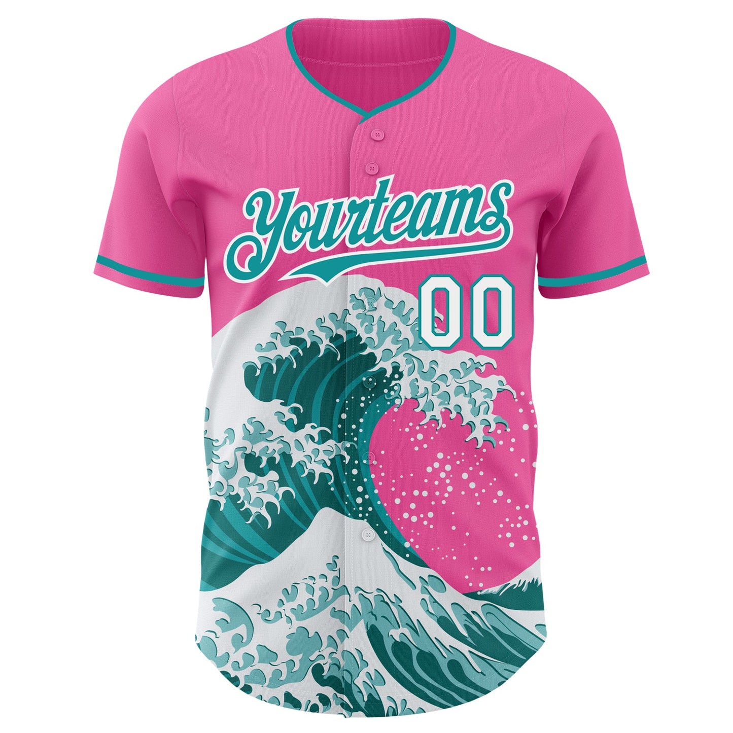 Custom Pink Teal-White Japanese Wave Authentic Baseball Jersey view 3