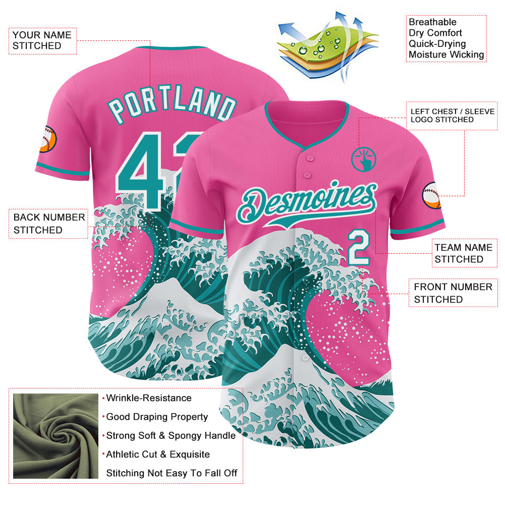Custom Pink Teal-White Japanese Wave Authentic Baseball Jersey view 4