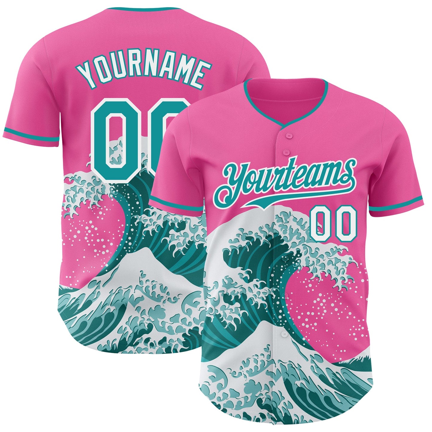 Custom Pink Teal-White Japanese Wave Authentic Baseball Jersey - Main View