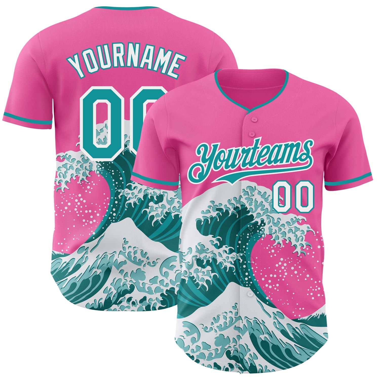 Custom Pink Teal-White Japanese Wave Authentic Baseball Jersey - Main View