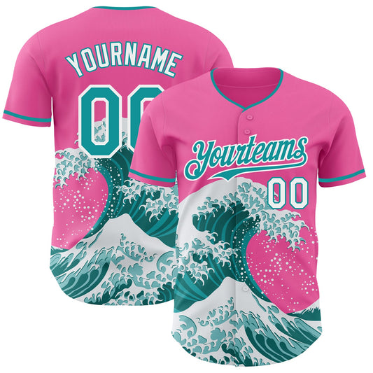 Custom Pink Teal-White Japanese Wave Authentic Baseball Jersey - Main View