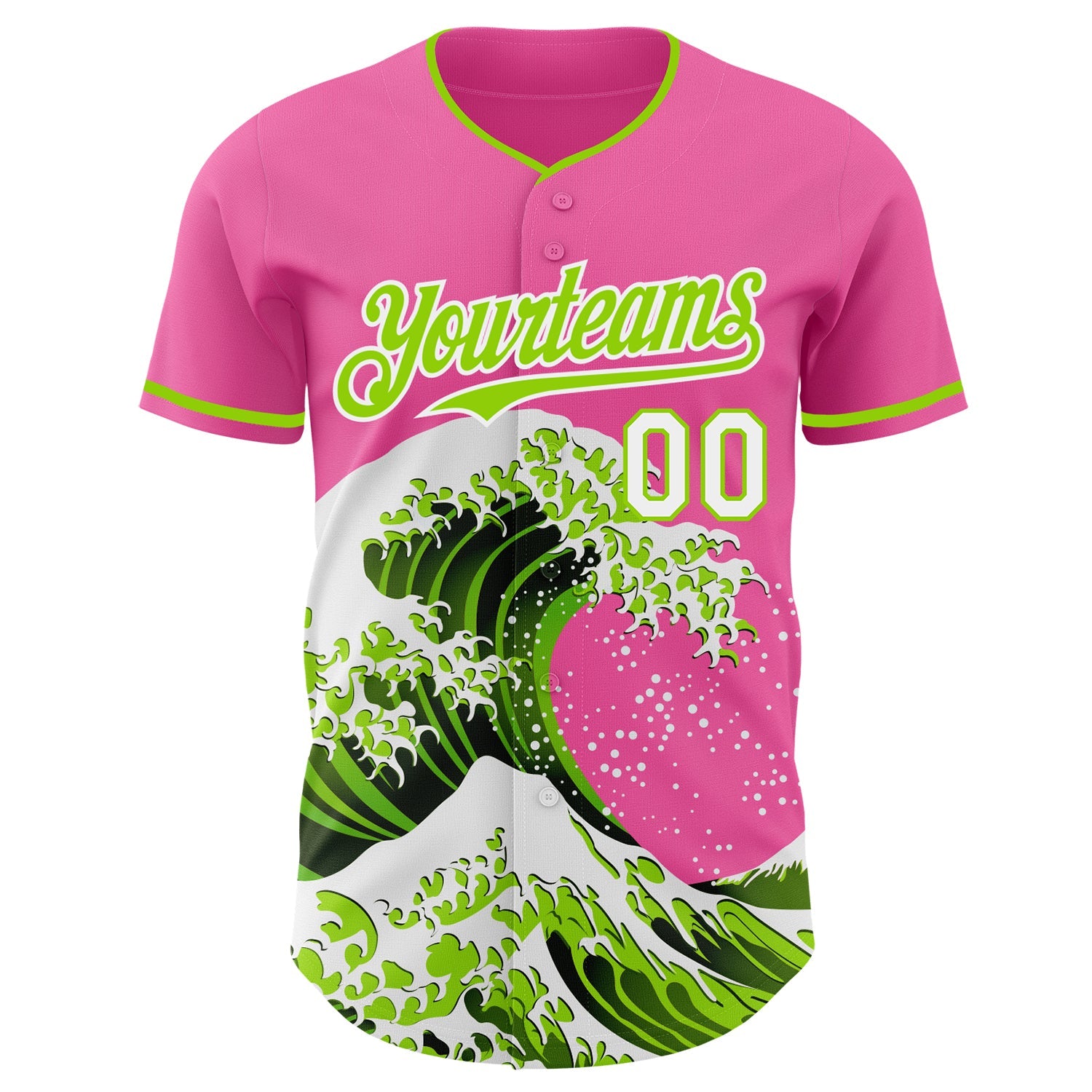 Custom Pink Neon Green-White Japanese Wave Authentic Baseball Jersey view 3